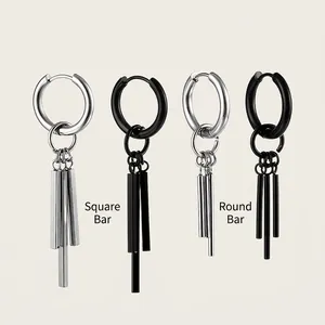 Unisex titanium steel cylinder earrings set in silver and black colors with bar pendants