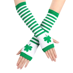 Macro view of St. Patrick's Day green clover knit arm warmers with striped pattern