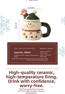 Detailed view of snowman ceramic mug with dimensions, 400ml capacity and festive lid