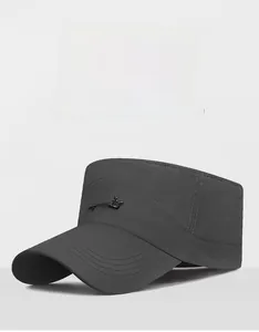 Detailed embroidery of 'sports' logo on a dark gray quick-dry military flat top cap