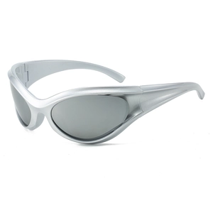 Y2K futuristic oversized sports sunglasses with silver wraparound frames and grey lenses