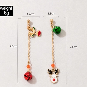 Detailed view of asymmetric Christmas earrings with colorful bells and reindeer charms