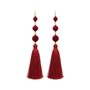 Long red tassel earrings with gold hooks and velvet beads in ethnic bohemian style