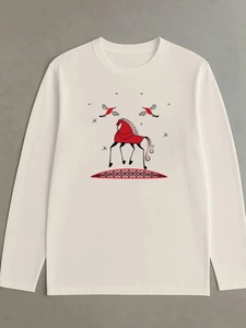 T-shirt oversize blanc à manches longues en coton avec imprimé ethnique rouge