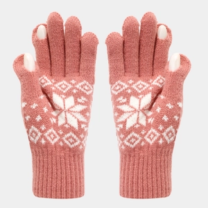 Detailed view of pink knitted gloves with white snowflake patterns and finger openings