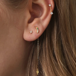 Mini floral gold stud earrings set with moon and lightning charms for women