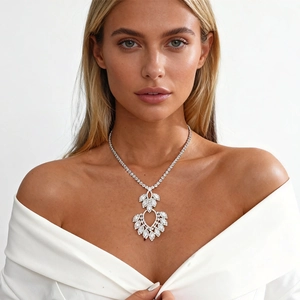 Luxury silver flower necklace with sparkling zircon waterdrop pendant on model