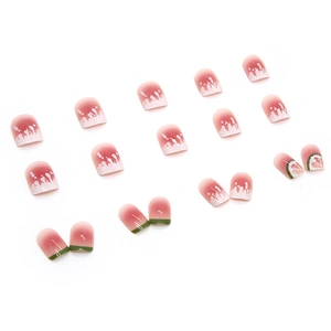 Short watermelon-themed press-on nails set with pink gradient and green rim design