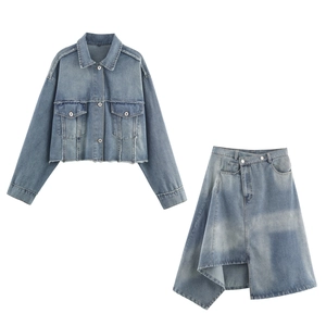 Women Denim Outfit Short Jacket And Asymmetrical Midi Skirt Raw Edge Light Blue Cotton Denim Streetwear