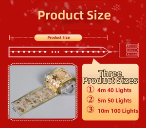 Size chart for LED Christmas ribbons: 4m/40 LEDs, 5m/50 LEDs, and 10m/100 LEDs, 5cm width