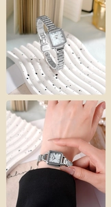 Détail macro d'une montre à quartz argentée rectangulaire avec chiffres romains et bracelet