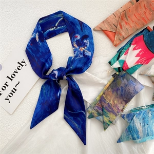 Artistic oil painting style silk scarf for women in blue color and 100% silk material