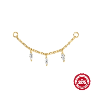 Boucles d'oreilles chaînes en argent S925 doré avec trois pierres de zircone marquise