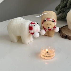 Polar bear candles with red scarves and mini round candle for Christmas home decoration