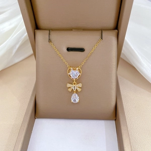 Pendant Necklace Stainless Steel Chain Copper Heart Butterfly Bow Teardrop Cubic Zirconia Dainty Elegant Jewelry For Women