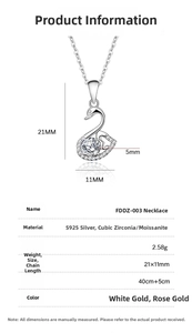 Detailed specs of S925 sterling silver swan pendant with dimensions and weight info