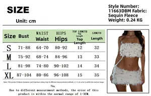 Detailed size chart for sequin fur crop top and mini skirt set with measurements in cm