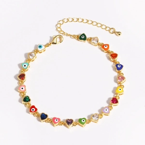 Detailed view of gold heart evil eye bracelet with colorful enamel and zircon charms