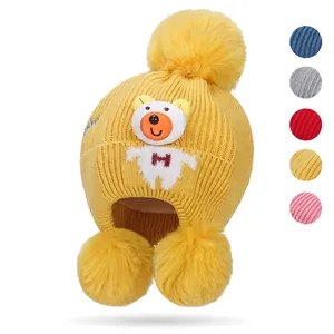 Baby Knitted Beanie Hat Triple Pom-Poms Ear Protection Warm Fleece Lined Cartoon Bear Winter For Toddler Kids Infants