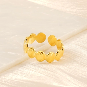 Adjustable golden stainless steel open ring with continuous shell texture pattern