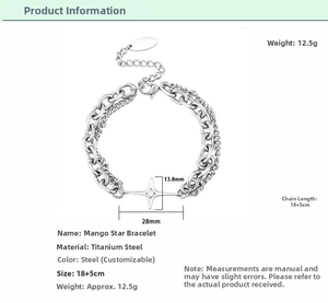 Detailansicht des Stern-Charm-Armbands aus Titanstahl mit Doppel kette und Maßen