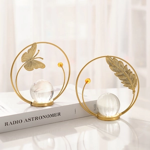 European luxury gold butterfly and feather metal ornaments with crystal balls for table decor