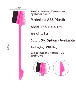 Macro detail of a 17.6cm pink dual-sided eyebrow brush with comb and grooming tool parts