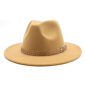 Detail of camel wool fedora hat featuring textured woven band and silver metal buckle