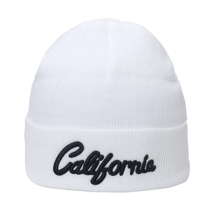 White knit beanie hat with black California embroidery and folded cuff for winter warmth