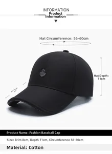 Detailaufnahme einer schwarzen Baumwoll-Baseballkappe mit Logo-Schild und gebogenem Rand
