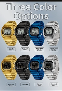 Selection of multi-color square digital sports watches in gold, silver, and black finish