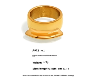 Detail showing 0.8cm width of golden titanium steel ring with size parameters