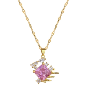 Luxurious titanium steel necklace with a gold chain and square pink zircon pendant