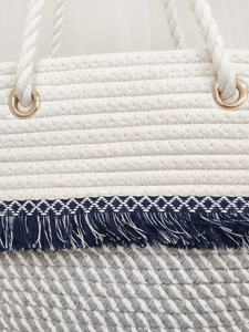 Bohemian large cotton rope woven tote bag with tassels in white blue and grey
