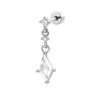 Clou d'oreille en argent avec pendentif géométrique en zircon et trois cristaux clairs