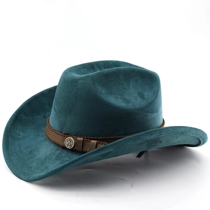 Vintage teal western cowboy hat in felt fabric with brown leather band and metal emblem