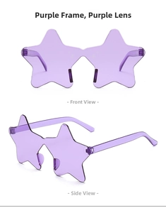 Detailed front and side views of purple star-shaped rimless sunglasses for parties