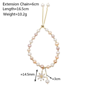 Detail view of pearl bracelet with zircon flower charm and size specifications