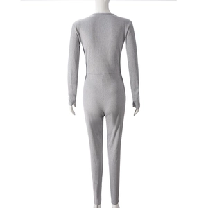 Back view of gray ribbed long sleeve bodysuit showing fine knit texture on a mannequin