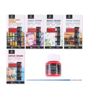 Art painting pigment set with acrylic, glass and textile paints including nylon brush