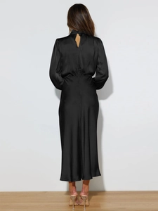 Detail of elegant black satin midi dress with a high neck and keyhole back design