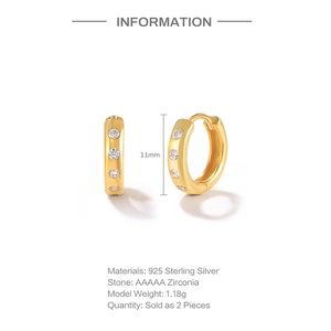 Detail showing 925 sterling silver 11mm hoop earrings with AAAAA zirconia in gold finish