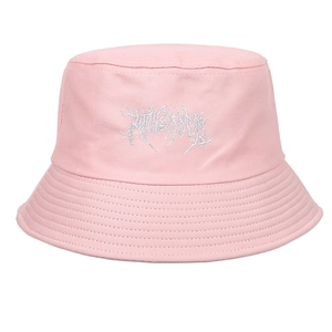 Pink Gothic Street Punk washed cotton bucket hat with white embroidery in a flat lay view