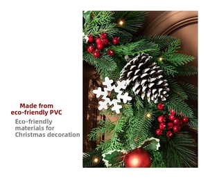Detail of 40cm Christmas wreath with mixed PE leaves, red berries, cones, and LED lights