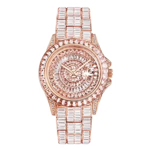 Missfox luxury rose gold men's watch with full baguette diamond setting and date window