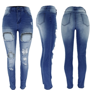 Women high waist distressed blue skinny jeans with ripped details and back lift effect