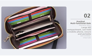 Vue interne d'une pochette multifonction en cuir marron avec 12 emplacements pour cartes et billets