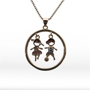 Gold round pendant necklace with stylized boy and girl figures on elegant box chain