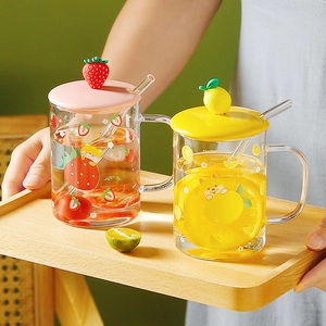 Kawaii Glass Mug Borosilicate Drinking Cup Ceramic Fruit Lid Glass Straw Cartoon Shiba Inu Print Heat Resistant Office Home Gift Box