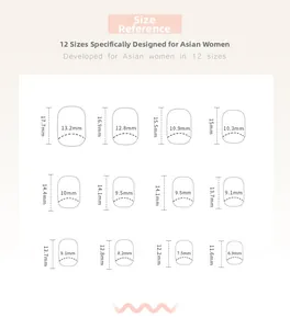 Size chart showing 12 sizes of pink short press-on nails for precise nail fitting